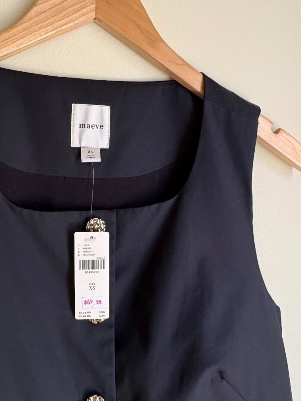 NWT Anthropologie Maeve Black Longline Vest XS Gold Textured Buttons Pockets - Picture 6 of 10